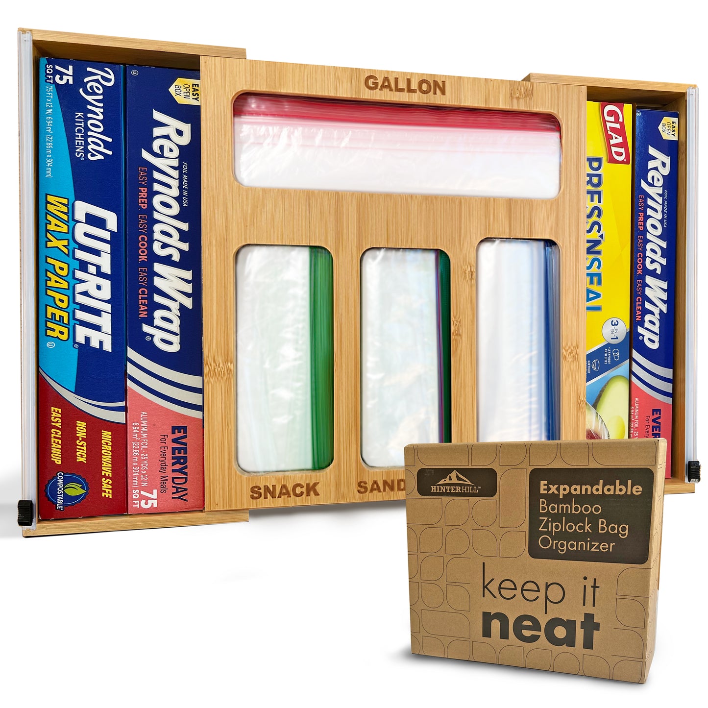 6-in-1 Expandable Ziplock Bag, Foil and Wrap Organizer with Side Wrap Cutters
