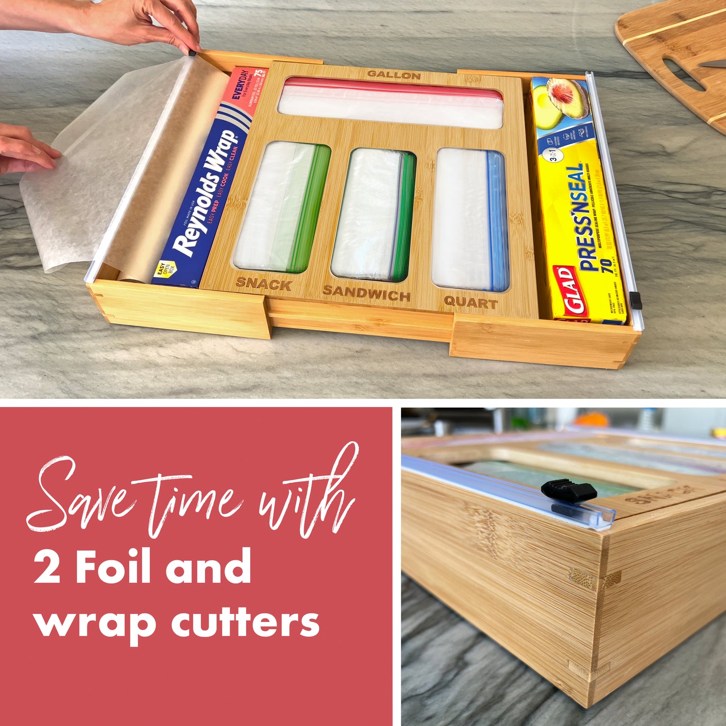 6-in-1 Expandable Ziplock Bag, Foil and Wrap Organizer with Side Wrap Cutters