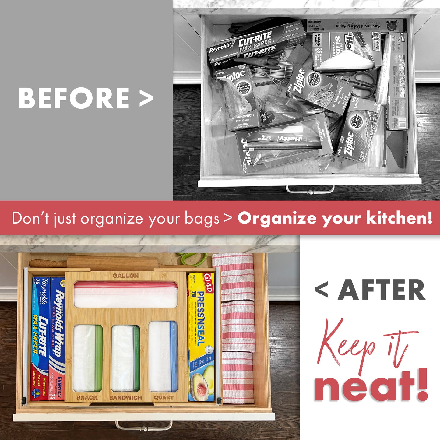 6-in-1 Expandable Ziplock Bag, Foil and Wrap Organizer with Side Wrap Cutters