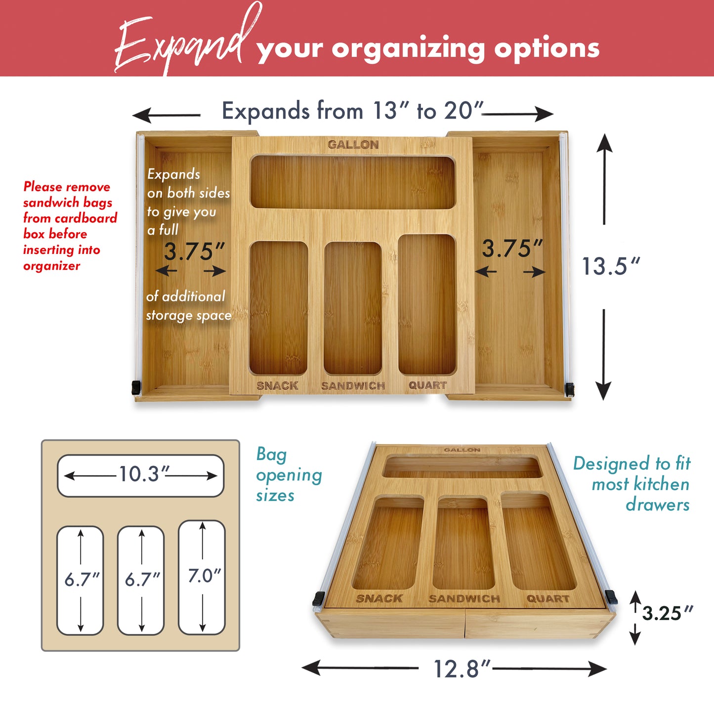 6-in-1 Expandable Ziplock Bag, Foil and Wrap Organizer with Side Wrap Cutters